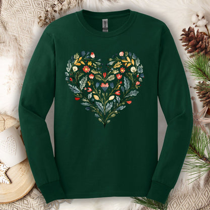 Folk Art Green and Red Rose Heart Long Sleeve Tee