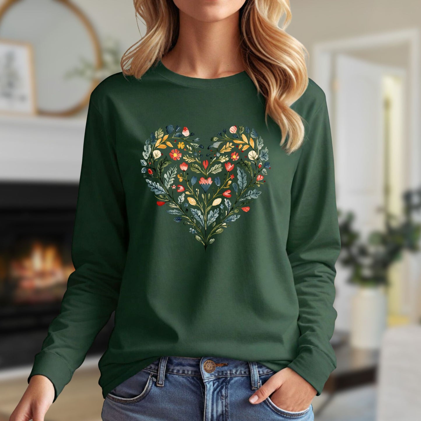 Folk Art Green and Red Rose Heart Long Sleeve Tee