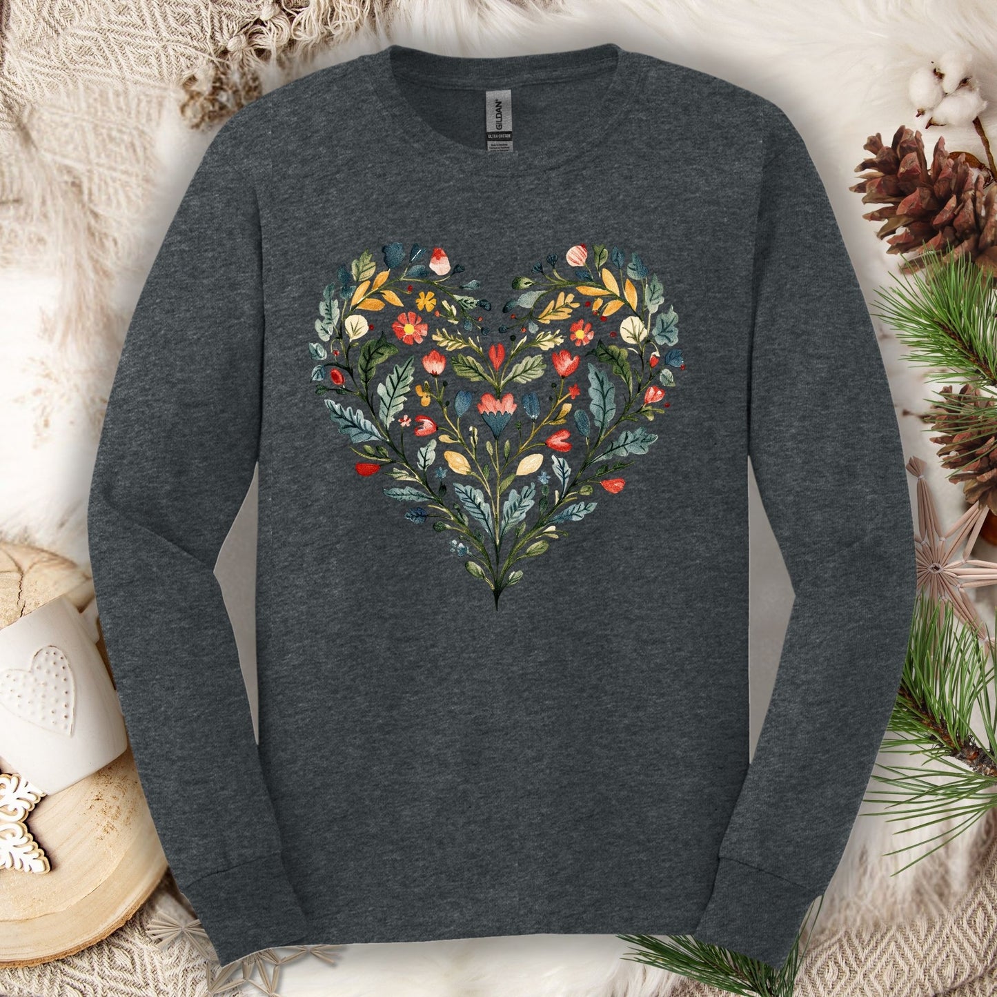Folk Art Green and Red Rose Heart Long Sleeve Tee