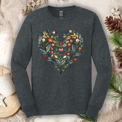 Folk Art Green and Red Rose Heart Long Sleeve Tee
