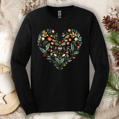 Folk Art Green and Red Rose Heart Long Sleeve Tee