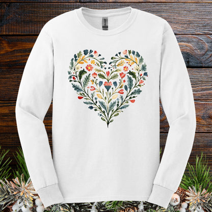 Folk Art Green and Red Rose Heart Long Sleeve Tee