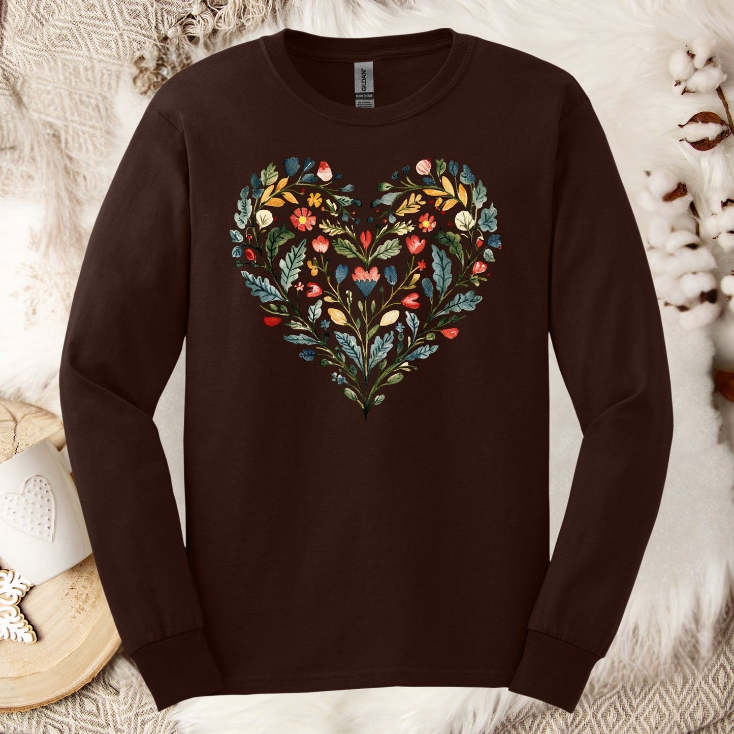 Folk Art Green and Red Rose Heart Long Sleeve Tee