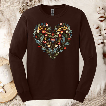 Folk Art Green and Red Rose Heart Long Sleeve Tee