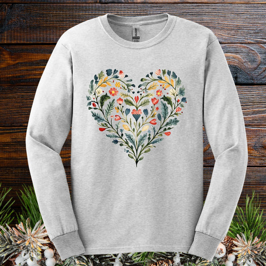 Folk Art Green and Red Rose Heart Long Sleeve Tee