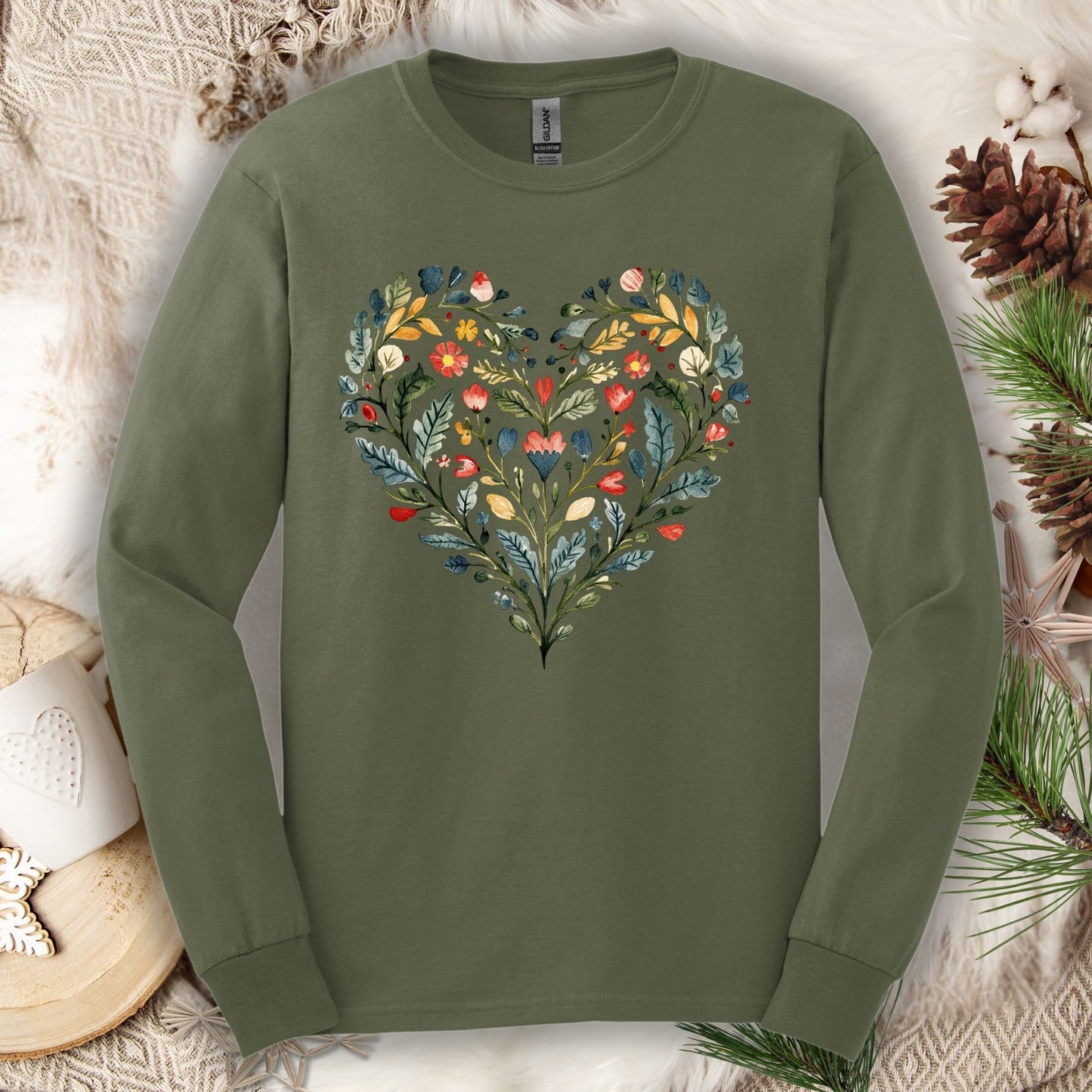 Folk Art Green and Red Rose Heart Long Sleeve Tee