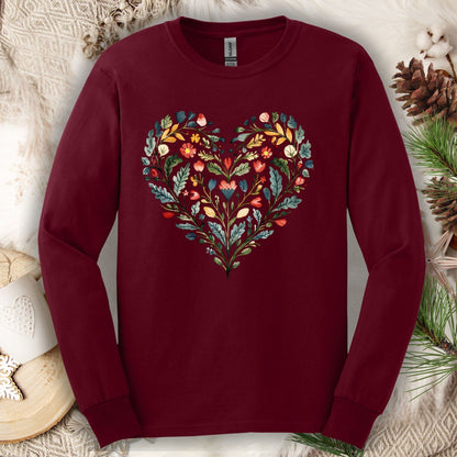 Folk Art Green and Red Rose Heart Long Sleeve Tee