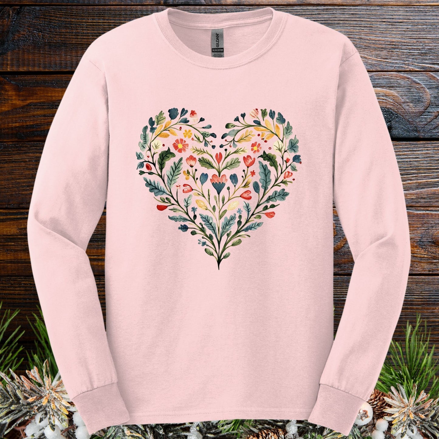 Folk Art Green and Red Rose Heart Long Sleeve Tee