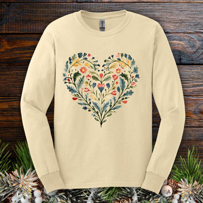 Folk Art Green and Red Rose Heart Long Sleeve Tee