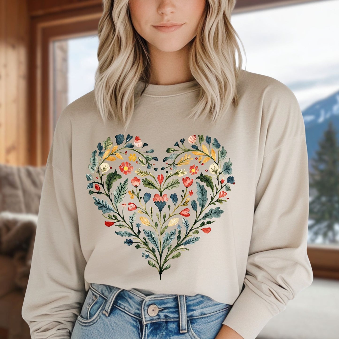 Folk Art Green and Red Rose Heart Long Sleeve Tee