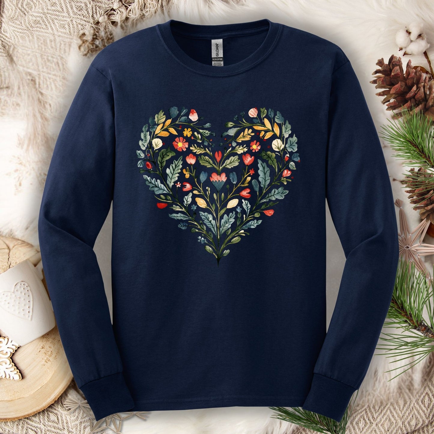 Folk Art Green and Red Rose Heart Long Sleeve Tee