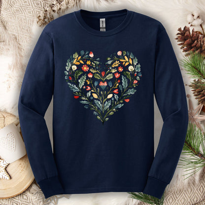 Folk Art Green and Red Rose Heart Long Sleeve Tee