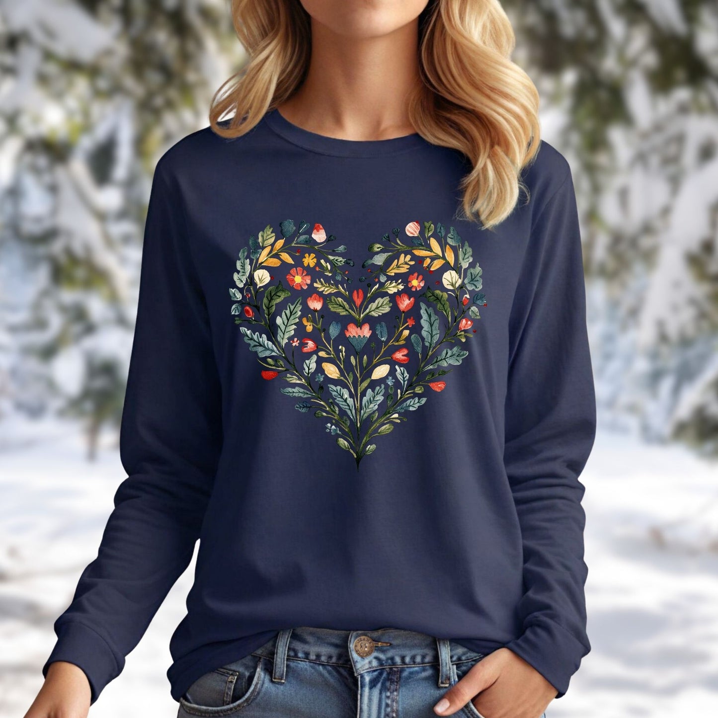 Folk Art Green and Red Rose Heart Long Sleeve Tee