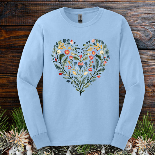 Folk Art Green and Red Rose Heart Long Sleeve Tee