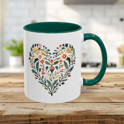 Folk Art Green and Red Rose Heart Mug (11/15oz)