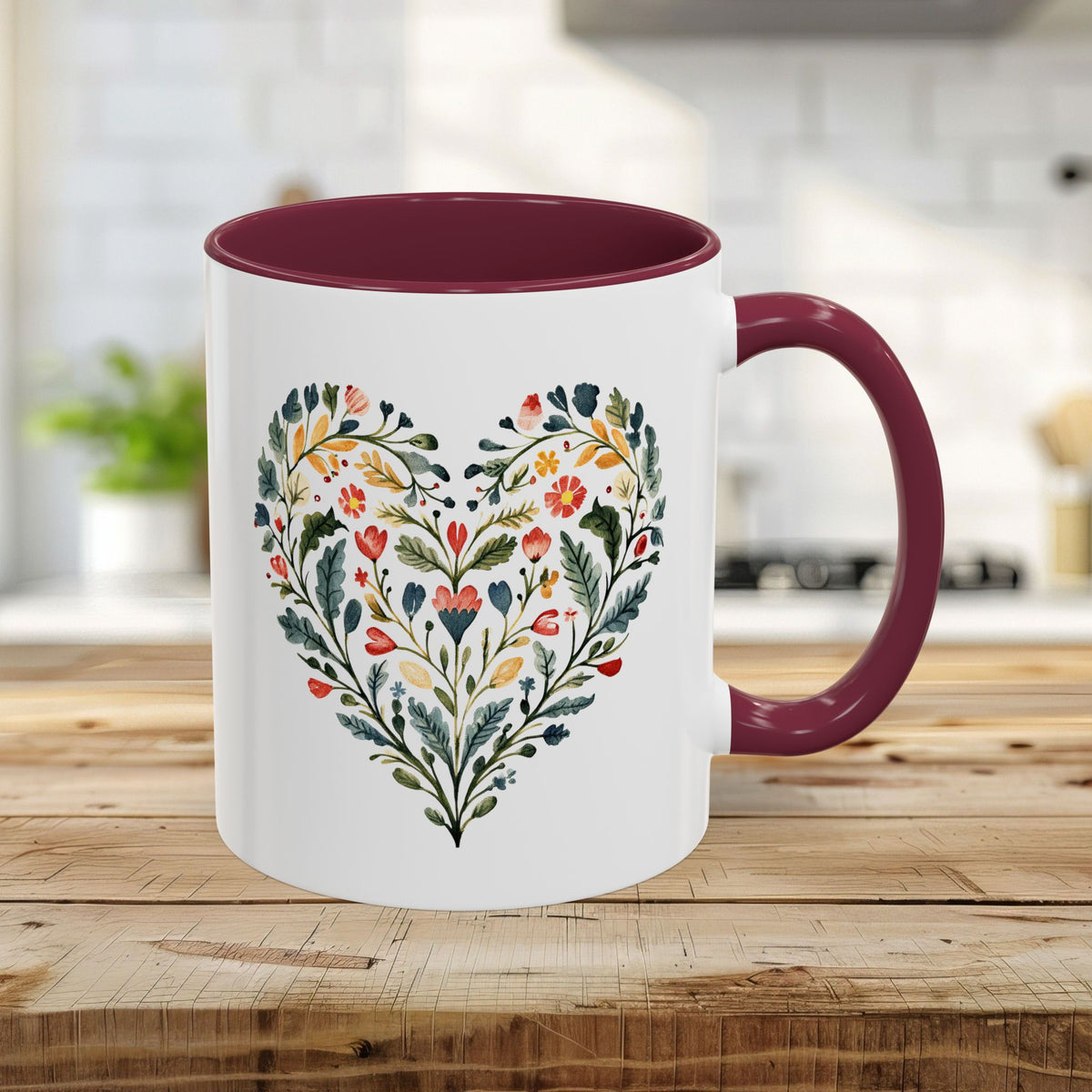 Folk Art Green and Red Rose Heart Mug (11/15oz)