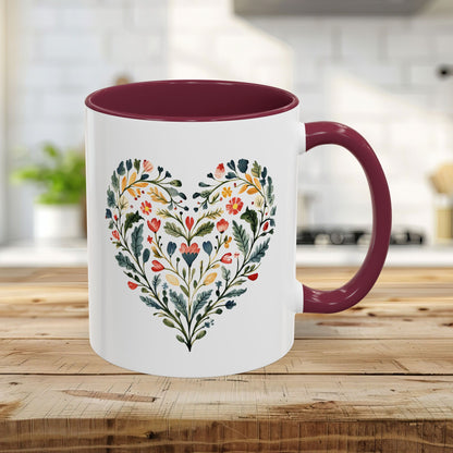 Folk Art Green and Red Rose Heart Mug (11/15oz)