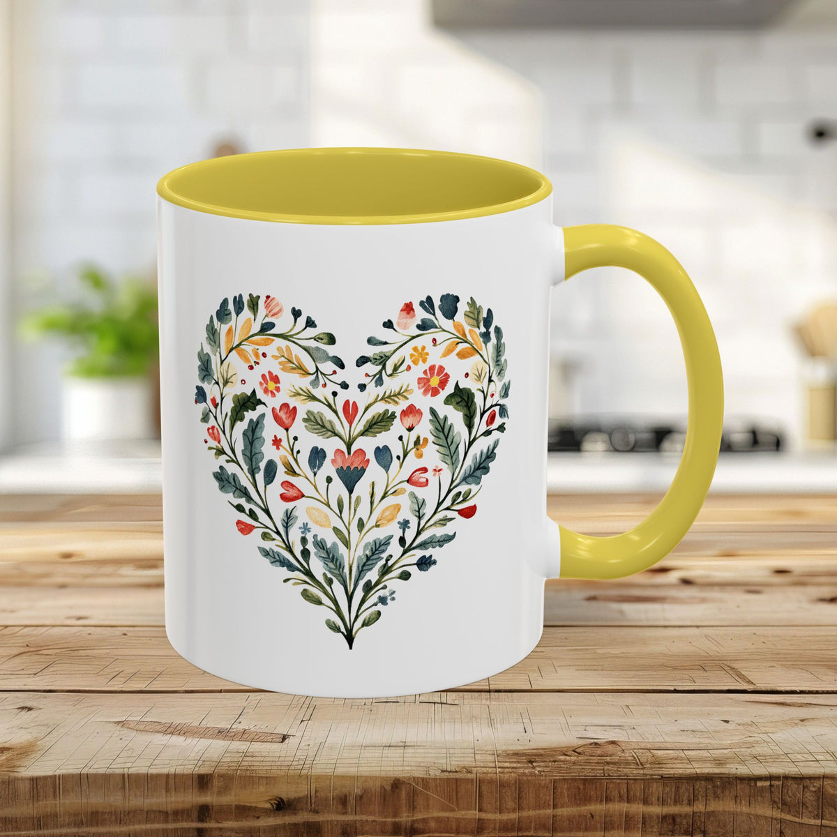 Folk Art Green and Red Rose Heart Mug (11/15oz)