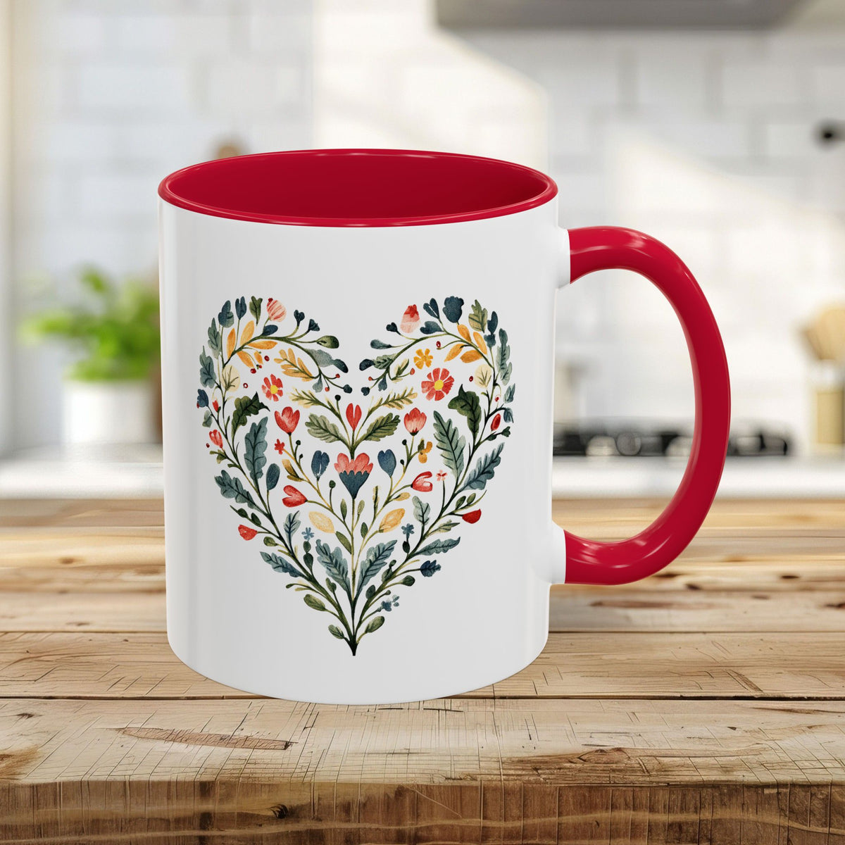 Folk Art Green and Red Rose Heart Mug (11/15oz)