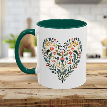 Folk Art Green and Red Rose Heart Mug (11/15oz)