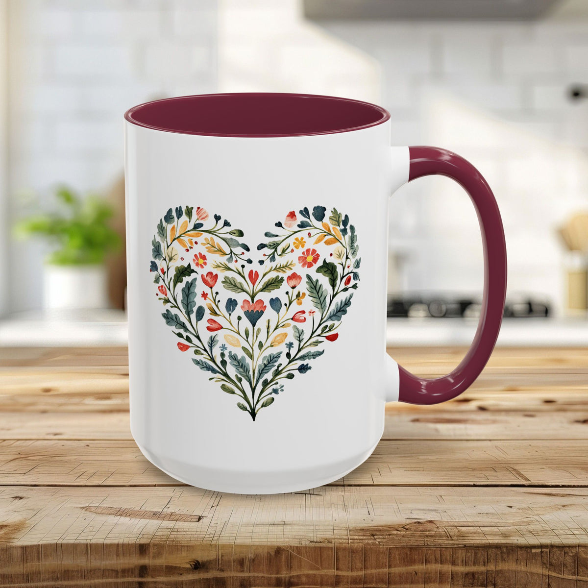 Folk Art Green and Red Rose Heart Mug (11/15oz)