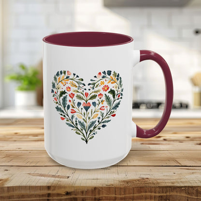 Folk Art Green and Red Rose Heart Mug (11/15oz)