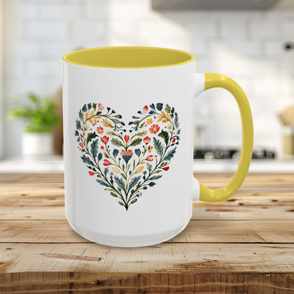 Folk Art Green and Red Rose Heart Mug (11/15oz)
