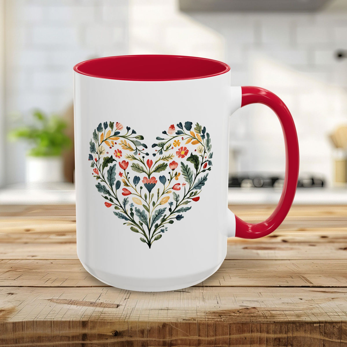 Folk Art Green and Red Rose Heart Mug (11/15oz)
