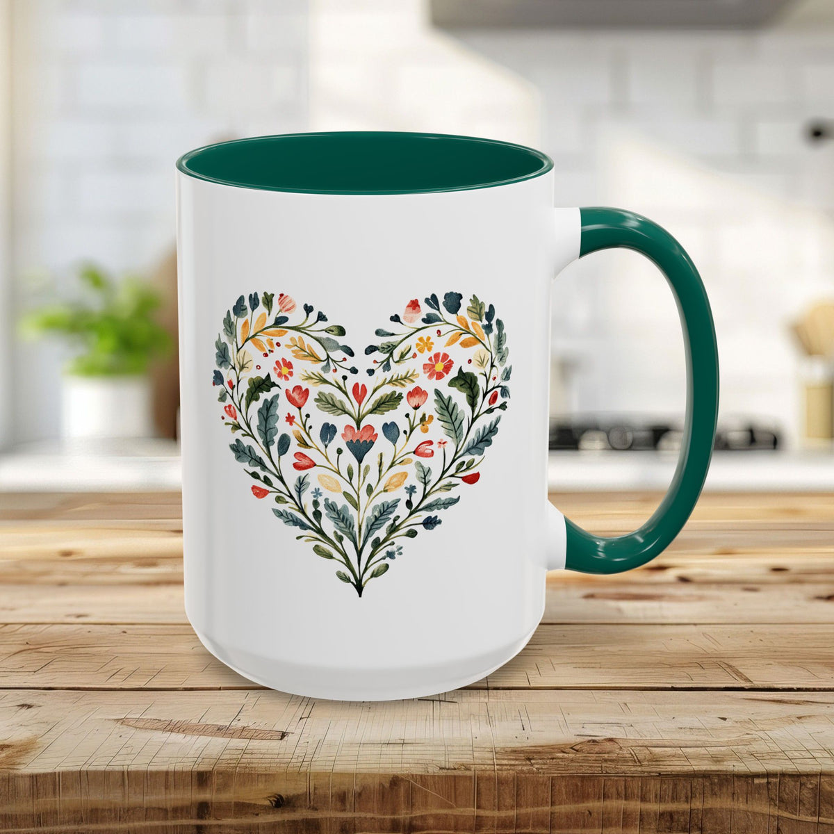 Folk Art Green and Red Rose Heart Mug (11/15oz)