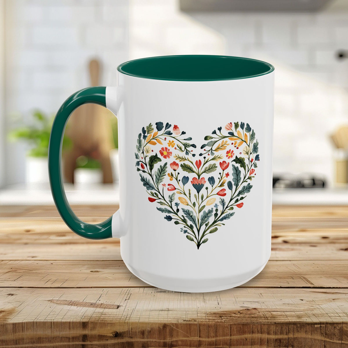 Folk Art Green and Red Rose Heart Mug (11/15oz)