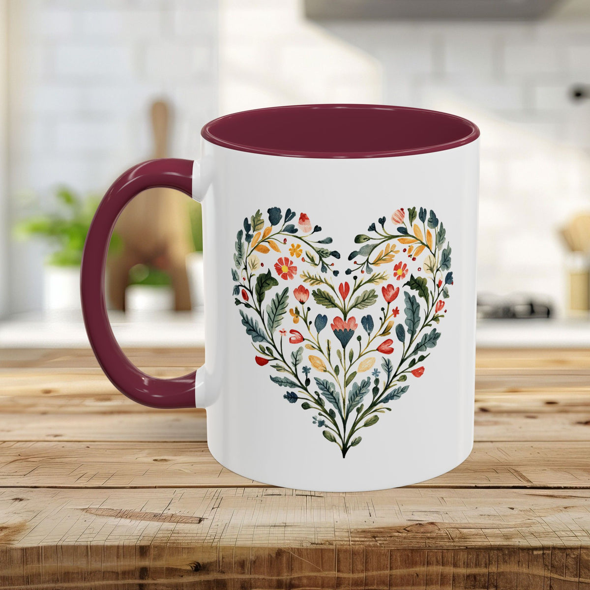 Folk Art Green and Red Rose Heart Mug (11/15oz)