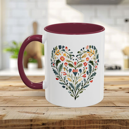 Folk Art Green and Red Rose Heart Mug (11/15oz)