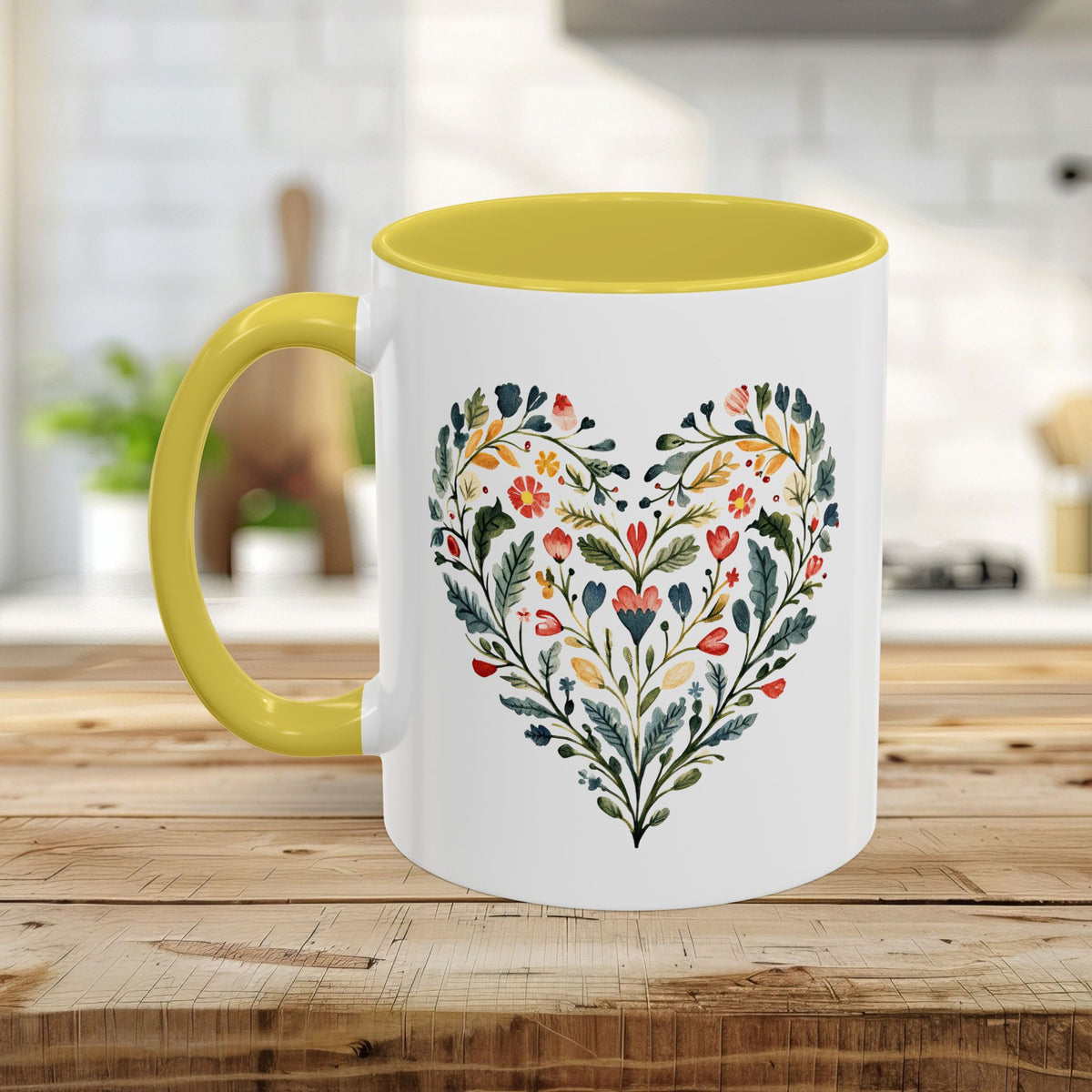 Folk Art Green and Red Rose Heart Mug (11/15oz)