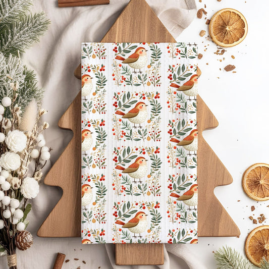 Folk art winter sparrow microfiber tea towel with watercolor sparrows, holly berries, and leaves in earthy tones.