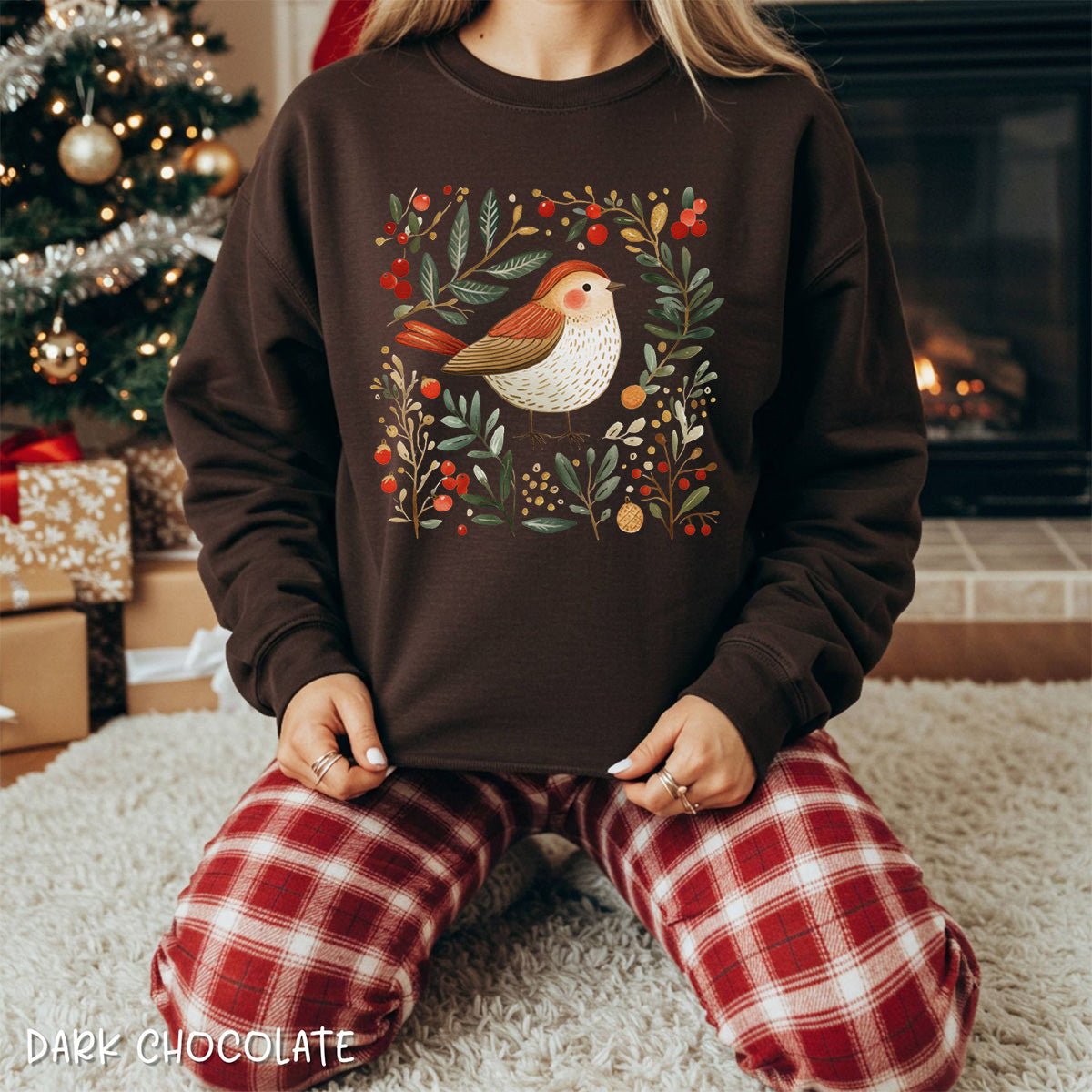 Folk Art Holiday Sparrow & Berries Sweatshirt