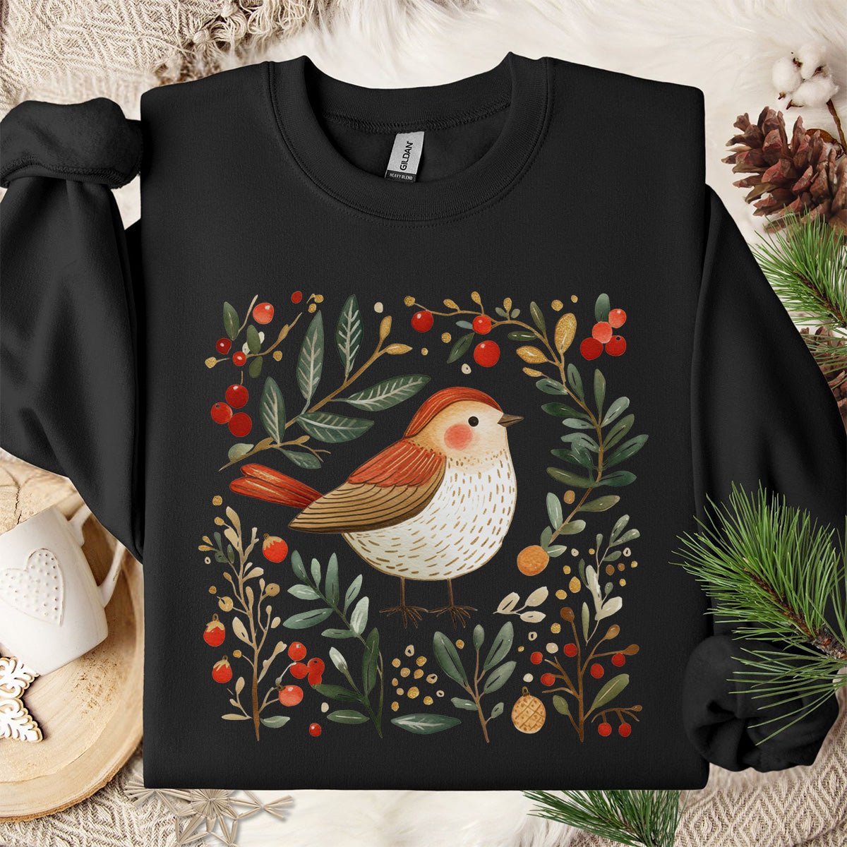 Folk Art Holiday Sparrow & Berries Sweatshirt
