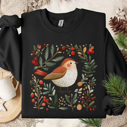 Folk Art Holiday Sparrow & Berries Sweatshirt