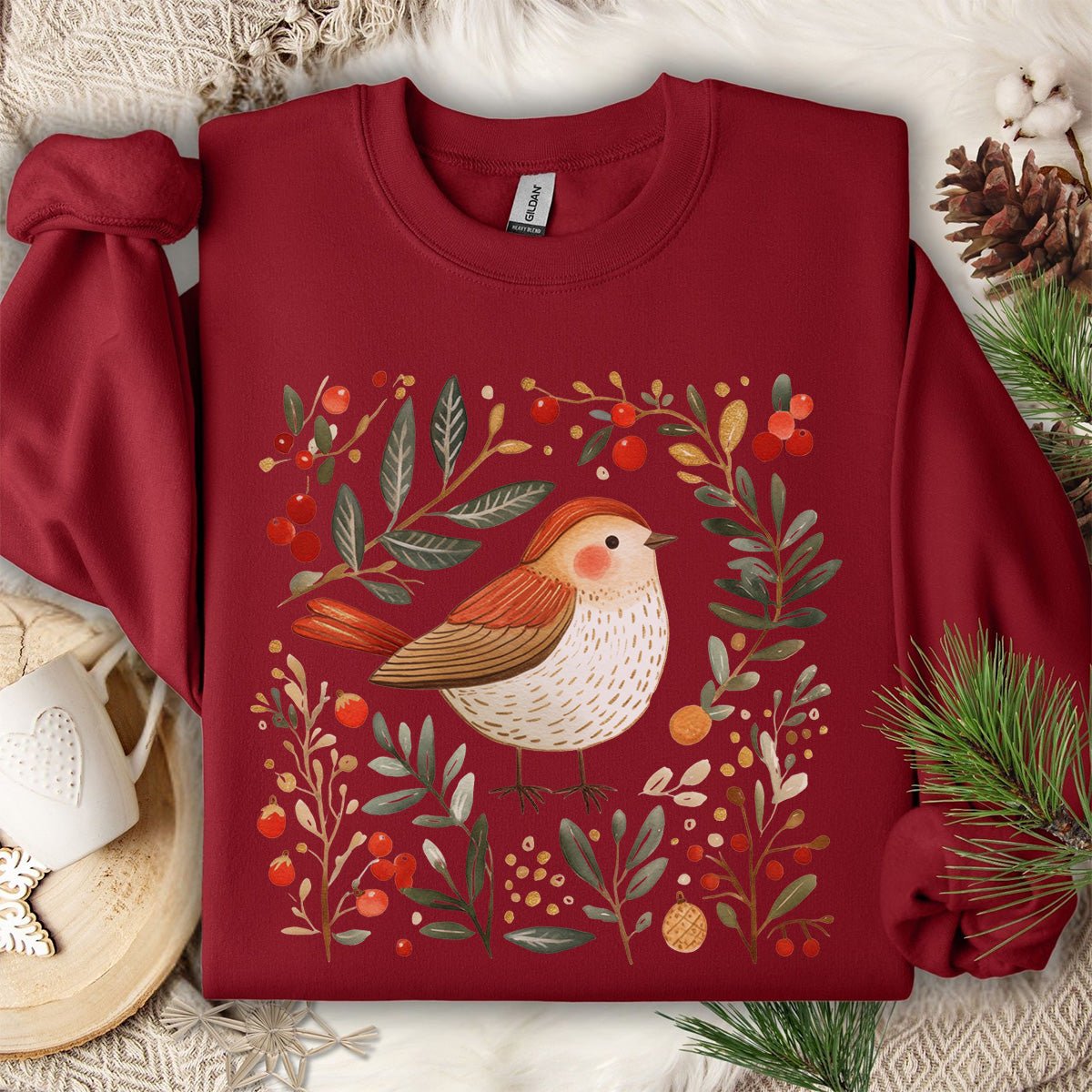 Folk Art Holiday Sparrow & Berries Sweatshirt