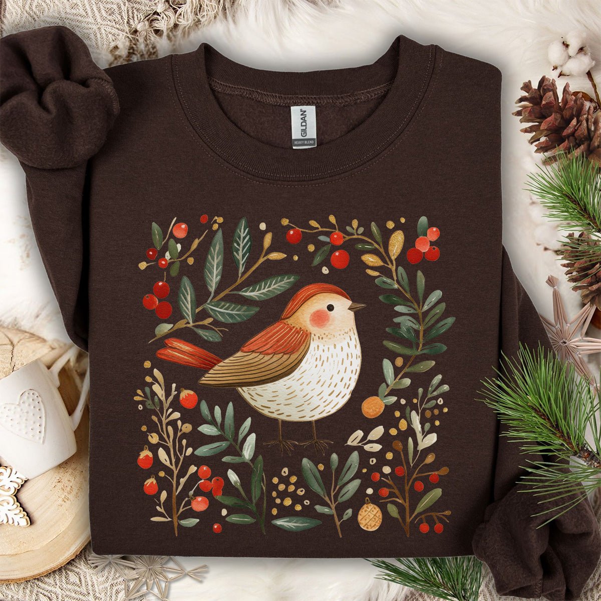 Folk Art Holiday Sparrow & Berries Sweatshirt