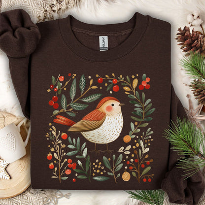 Folk Art Holiday Sparrow & Berries Sweatshirt