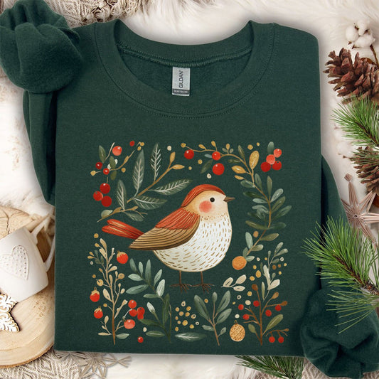 Folk Art Holiday Sparrow & Berries Sweatshirt