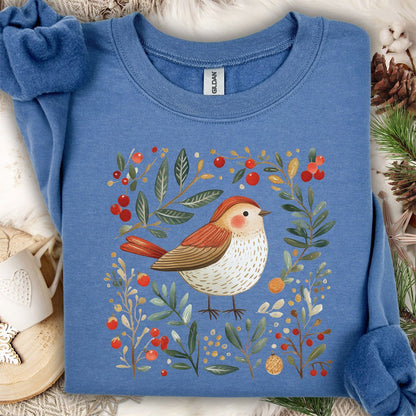 Folk Art Holiday Sparrow & Berries Sweatshirt