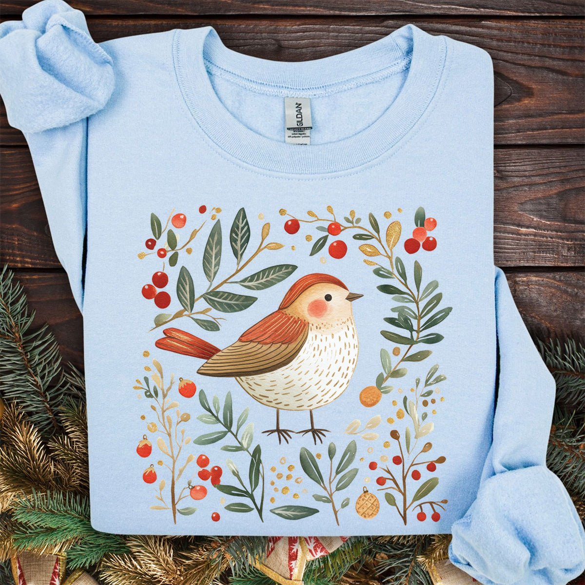 Folk Art Holiday Sparrow & Berries Sweatshirt