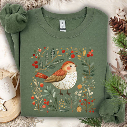 Folk Art Holiday Sparrow & Berries Sweatshirt