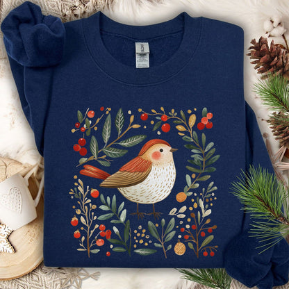 Folk Art Holiday Sparrow & Berries Sweatshirt