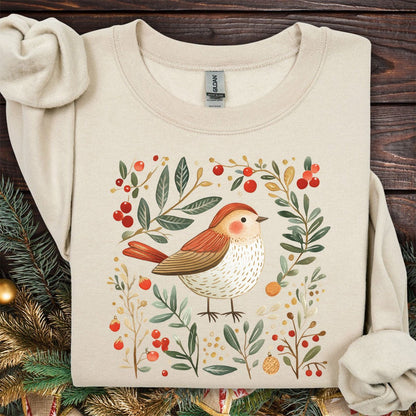 Folk Art Holiday Sparrow & Berries Sweatshirt