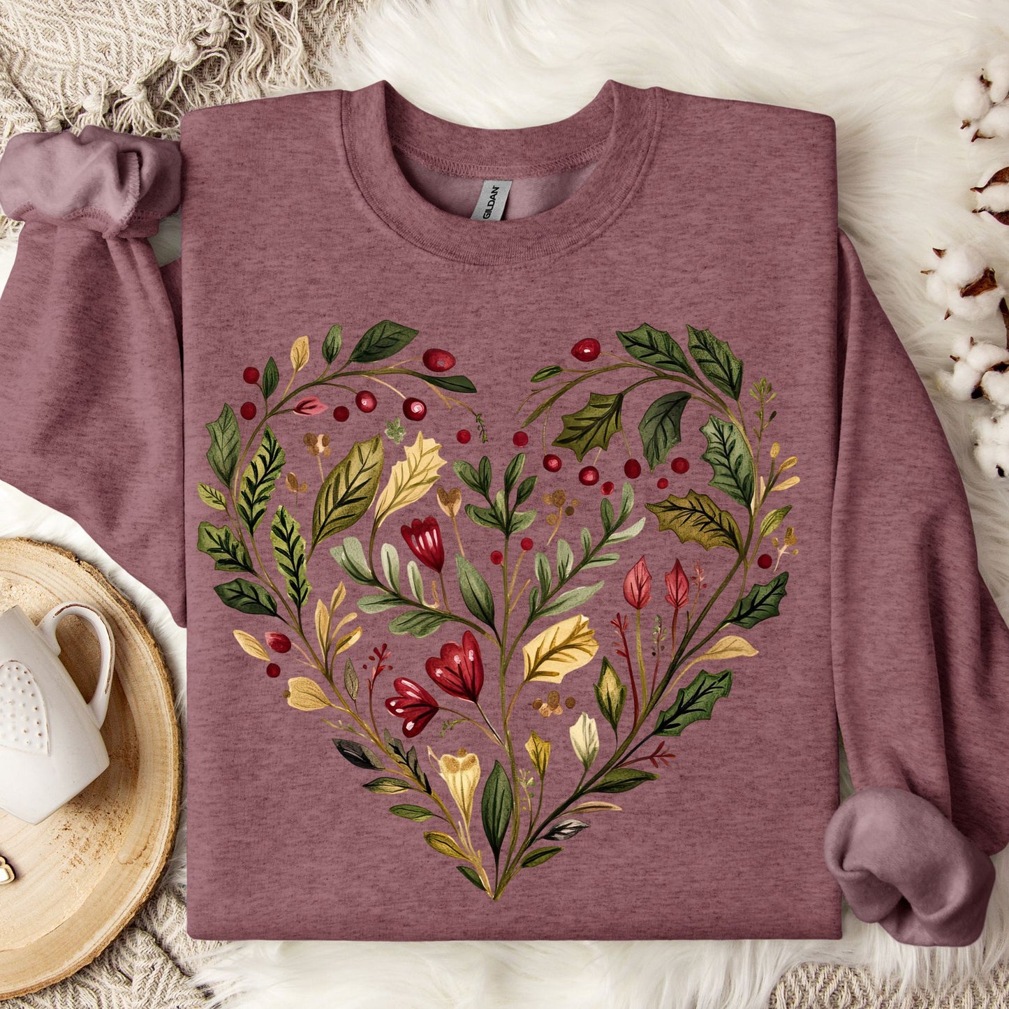 Folk Art Holly Berry and Rose Watercolor Sweatshirt