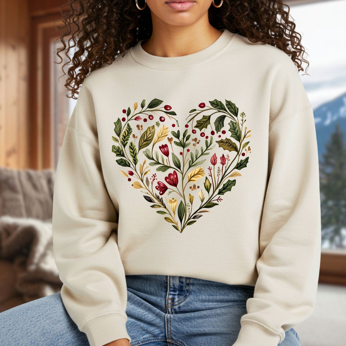 Folk Art Holly Berry and Rose Watercolor Sweatshirt