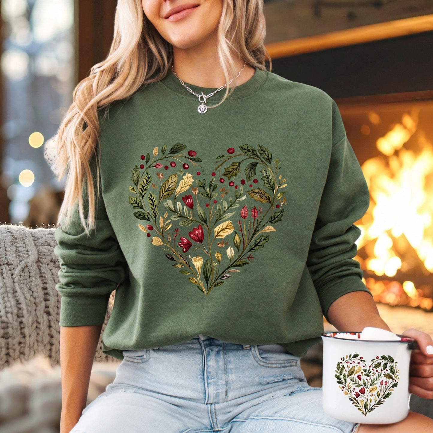 Folk Art Holly Berry and Rose Watercolor Sweatshirt
