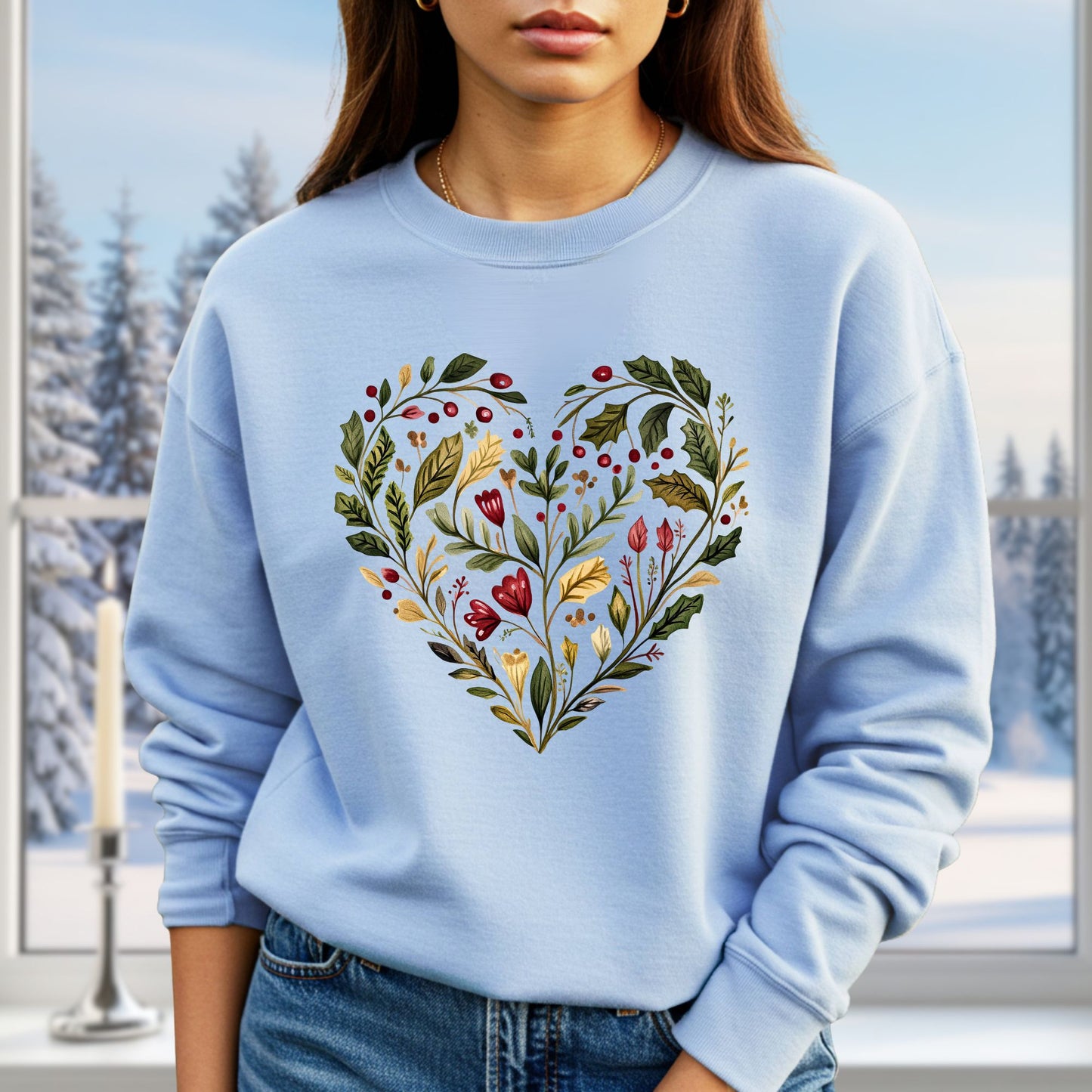 Folk Art Holly Berry and Rose Watercolor Sweatshirt